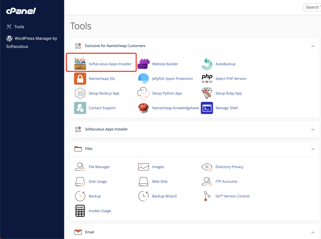 Namecheap cPanel dashboard