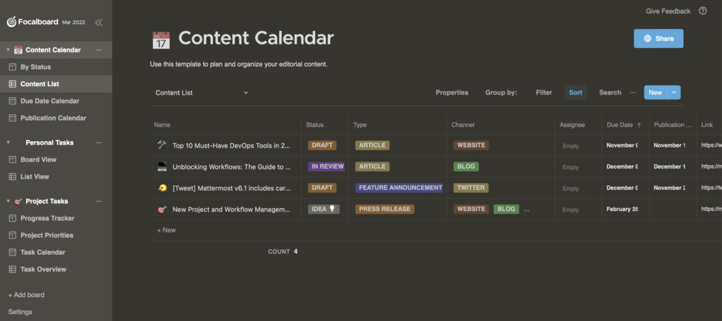 Focalboard Content List