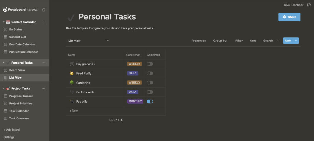 Focalboard Personal Tasks List View