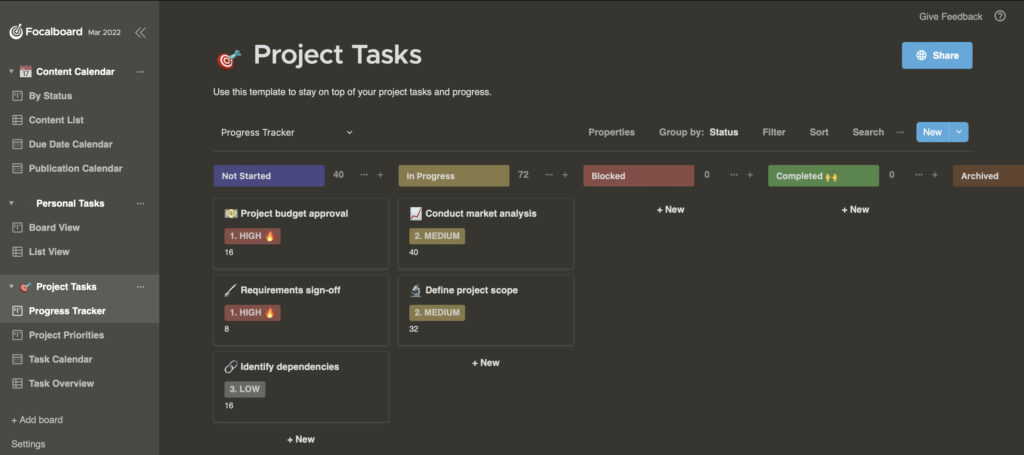 Focalboard Project Tasks Progress Tracker