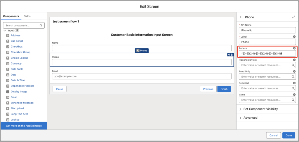 Salesforce Screen Flow Phone Number Pattern setting